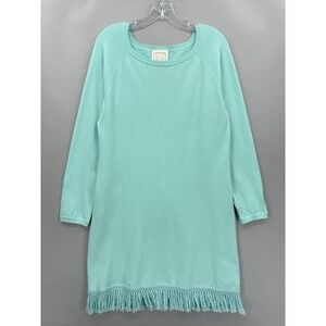 Sail to Sable Sweater Dress Womens Large Aqua Fringe Hem 3/4 Sleeve Boho Knit